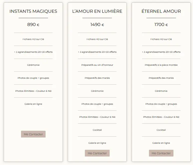 tableau de prix