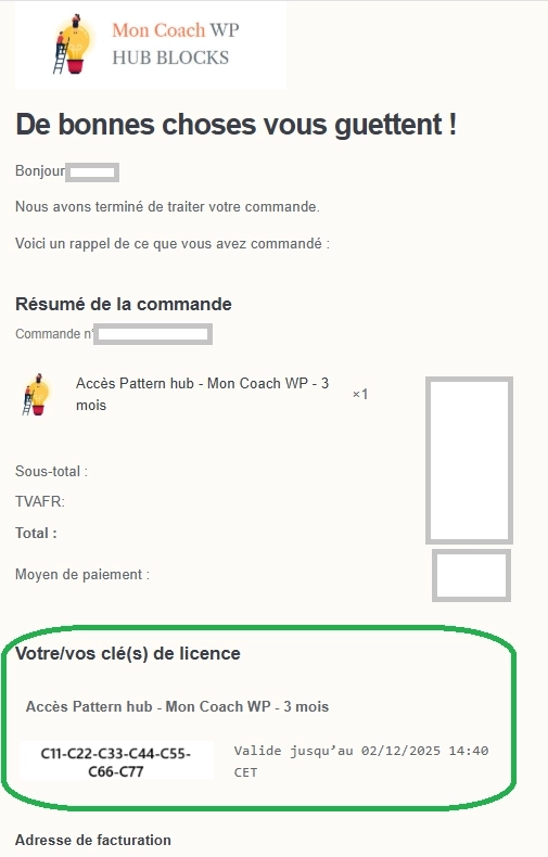 mail achat licence